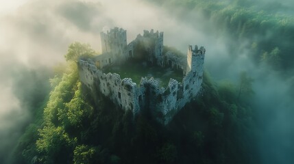 Fototapeta premium Ancient castle ruins shrouded in misty forest 