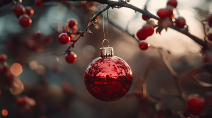 Fototapeta premium Beautiful red ornament hanging on a tree branch during the warm glow of evening light