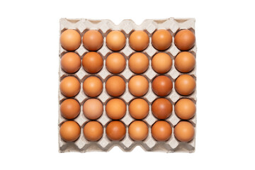Top view of raw chicken eggs in paper cardboard isolated on transparent background, 30 chicken eggs total. 
