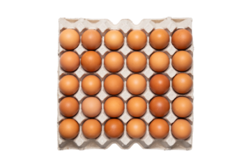 Top view of raw chicken eggs in paper cardboard isolated on transparent background, 30 chicken eggs total. 