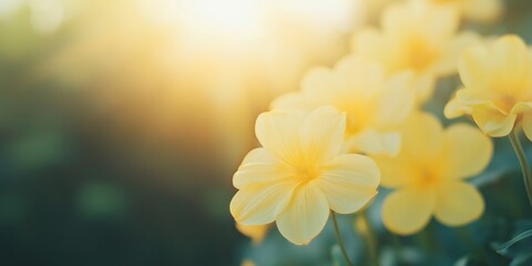 A close-up view of vibrant yellow flowers illuminated by soft sunlight, representing beauty, nature's brilliance, and the simple joys of life in a serene setting.