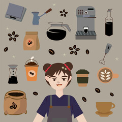 coffee and barista tools kawaii element clipart vector illustrations