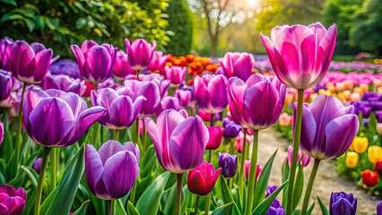 Fototapeta premium Stunning aerial drone photography captures a vibrant pink and purple tulip garden in full bloom.