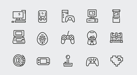 Game icons. Set of 15 game trendy minimal icons. Handheld Console, VR Headset, Arcade Machine, Desktop Computer icon. Design signs for web page, mobile app, packaging design. Vector illustration.