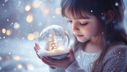 Naklejka premium Young girl holding a glowing snow globe with a wintry scene