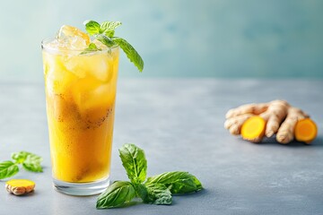 Fototapeta premium Refreshing turmeric ginger iced drink with basil garnish in tall glass on grey surface.