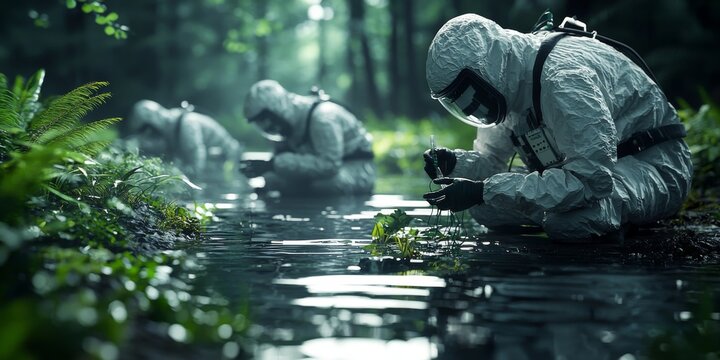Scientists in Hazmat Suits Collecting Environmental DNA Samples in a Forest River
