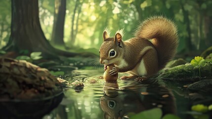 Obraz premium Squirrels drink natural water in the forest. Squirrel in the wild.