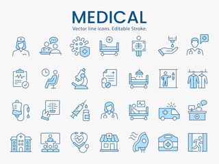 Medical icons, such as stethoscope, x-ray, oxygen mask and more. Vector illustration. Editable stroke. Change to any size and any color.