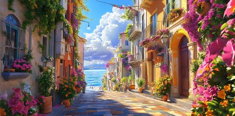 Vibrant Coastal Street with Flowers in an Oil Painting Style AI generated illustration