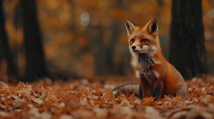 Cute Red Fox, Vulpes vulpes in fall forest. Beautiful animal in habitat. Wildlife scene from the wild nature. Cute animal in habitat. Autumn nature. Orange autumn leaves.