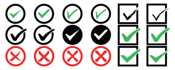 Check mark icon set. Checklist icon with right and wrong buttons and yes or no checkmark icon set. Red and green checklist, Checkmark and approval symbol illustration  isolated on white background.