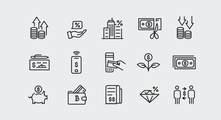 Finance Icons. A collection of 15 streamlined and modern icons representing key concepts in finance and investment. Examples include Profit Growth, Interest Rate, Bank Building. Vector illustration