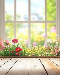 Fototapeta premium Colorful garden flowers by a sunny window 
