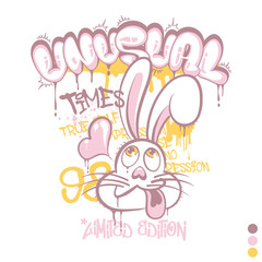 Funny cute graffiti design with funny rabbit illustration on it