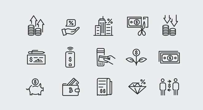 Finance Icons. A collection of 15 streamlined and modern icons representing key concepts in finance and investment. Examples include Profit Growth, Interest Rate, Bank Building. Vector illustration