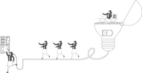 Generating power for creativity, new inspirations and ideas at work, brainstorming solutions to problems at work, businesswomen running on the wires of a light bulb charging the businesswomen sitting 