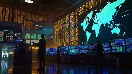 A woman stands in front of a large screen that shows a map of the world