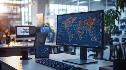 A computer monitor displays a map of the world with a lot of data on it