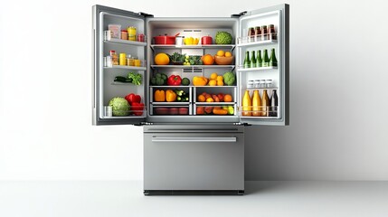 Modern Open Refrigerator Displaying Fruits and Vegetables in a Studio Setting AI generated illustration