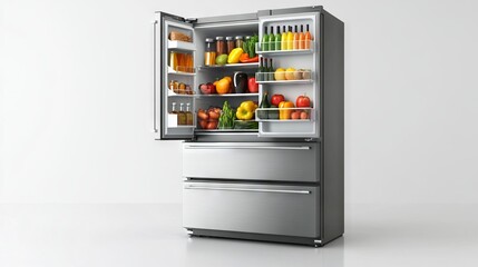 Modern Open Refrigerator Displaying Fruits and Vegetables in a Studio Setting AI generated illustration