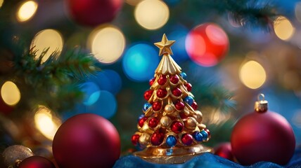 Obraz premium Cheerful Christmas tree design with twinkling lights and a sparkling star.