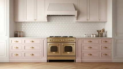 Elegant pink kitchen with gold oven and white tile backsplash.