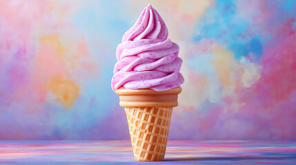 Delicious RainbowVibrant, colorful ice cream cone with yellow, light blue, and pink swirls, topped with sprinkles. Ice Cream Cone on Pastel Background. 