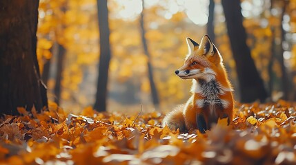 Cute Red Fox, Vulpes vulpes in fall forest. Beautiful animal in habitat. Wildlife scene from the wild nature. Cute animal in habitat. Autumn nature. Orange autumn leaves.