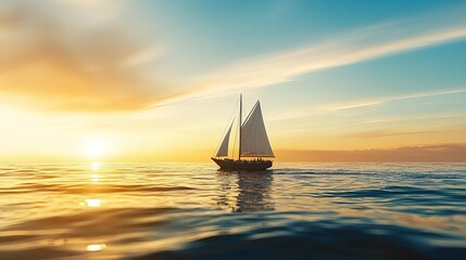 A serene sailing boat glides across calm waters under a picturesque sunset, offering a moment of tranquility and adventure.