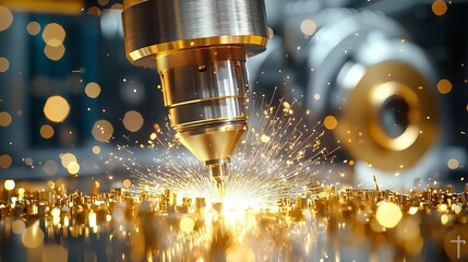 An advanced laser cutting machine in action, creating sparks and precision cuts in metal. Innovative technology in manufacturing.