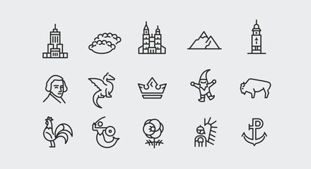 Poland icons. Set of 15 trendy minimal icons representing Polish culture, landmarks, and folklore such as the Wawel Dragon, Warsaw Mermaid, Tatra Mountains. Vector illustration. 