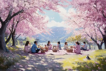 Cherry blossoms in full bloom with people enjoying picnics.
