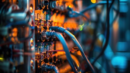 A macro shot of a complex network of wires and cables connecting different machines to a centralized IIoT system showcasing the intricate infrastructure required for continuous