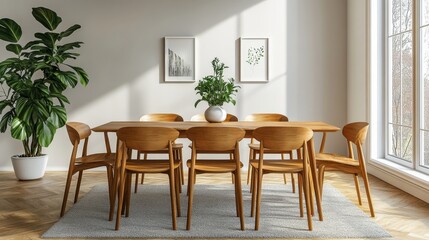 Interior design of modern dining room. dining table and wooden chairs. 3d rendering. minimalist dining room