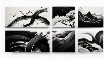 Abstract set of ink texture Japan style on a white background