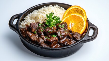 Homemade Beef Stew Served on a Bed of Rice with Orange Slices and Parsley Garnish