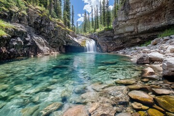 Fototapeta premium Clear water flowing through rocks, conveying serenity and relaxation.