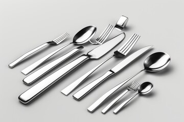 A variety of modern stainless steel cutlery arranged on a light background