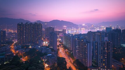 Vibrant twilight cityscape panorama with illuminated high-rise buildings, roads, and mountains in the background.