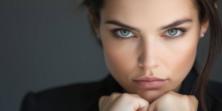 A striking portrait of a determined young woman with captivating eyes, displaying confidence and strength through her focused expression in a professionally styled setting.