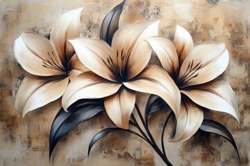 Triptych painting showing blooming lilies in warm orange tones