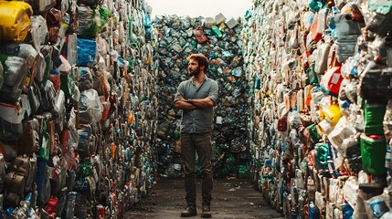 Naklejka premium Man Contemplating Surrounded by Plastic Waste in Recycling Facility