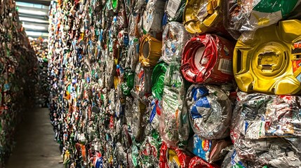 Colorful Stacked Aluminum Cans in Industrial Recycling Facility