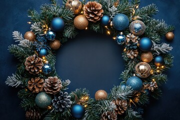 Christmas wreath decorated with blue and gold baubles and pine cones on dark blue background