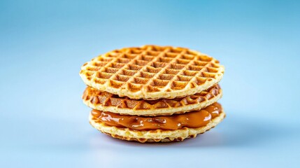 Delicious homemade golden waffle with sweet toppings on a blue background