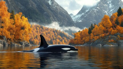 Obraz premium Orca whale swimming in lake with autumn forest and mountains