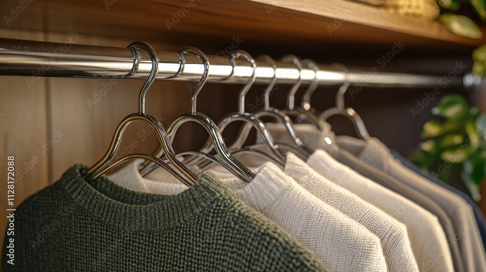 Poster a collection of metal hangers holds an array of neatly folded knitted sweaters in shades of green an