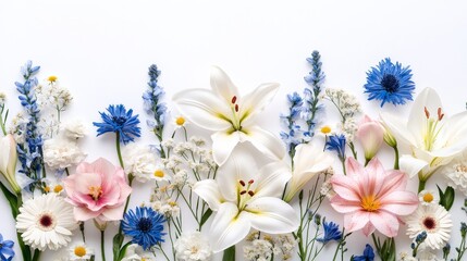 flowers background with white lilies, white asters, white roses, blue iris, blue thistle, white Matricaria, pink Gerbera, white arums, pink snapdragon on a white background