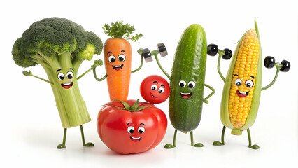 Group of animated vegetables lifting weights and smiling